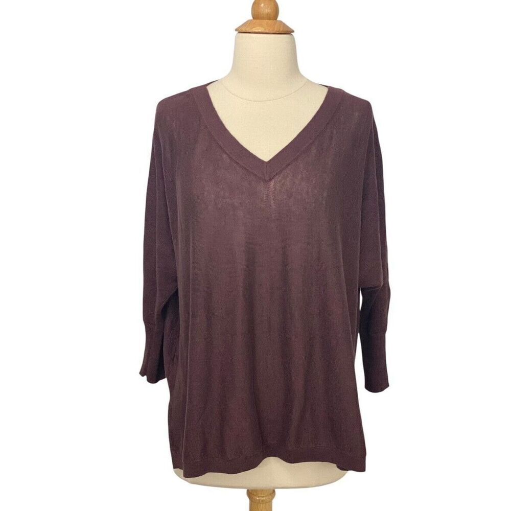 Garnet Hill Linen Oversized V-Neck Dolman Sleeve Pullover Purple Brown Size XS